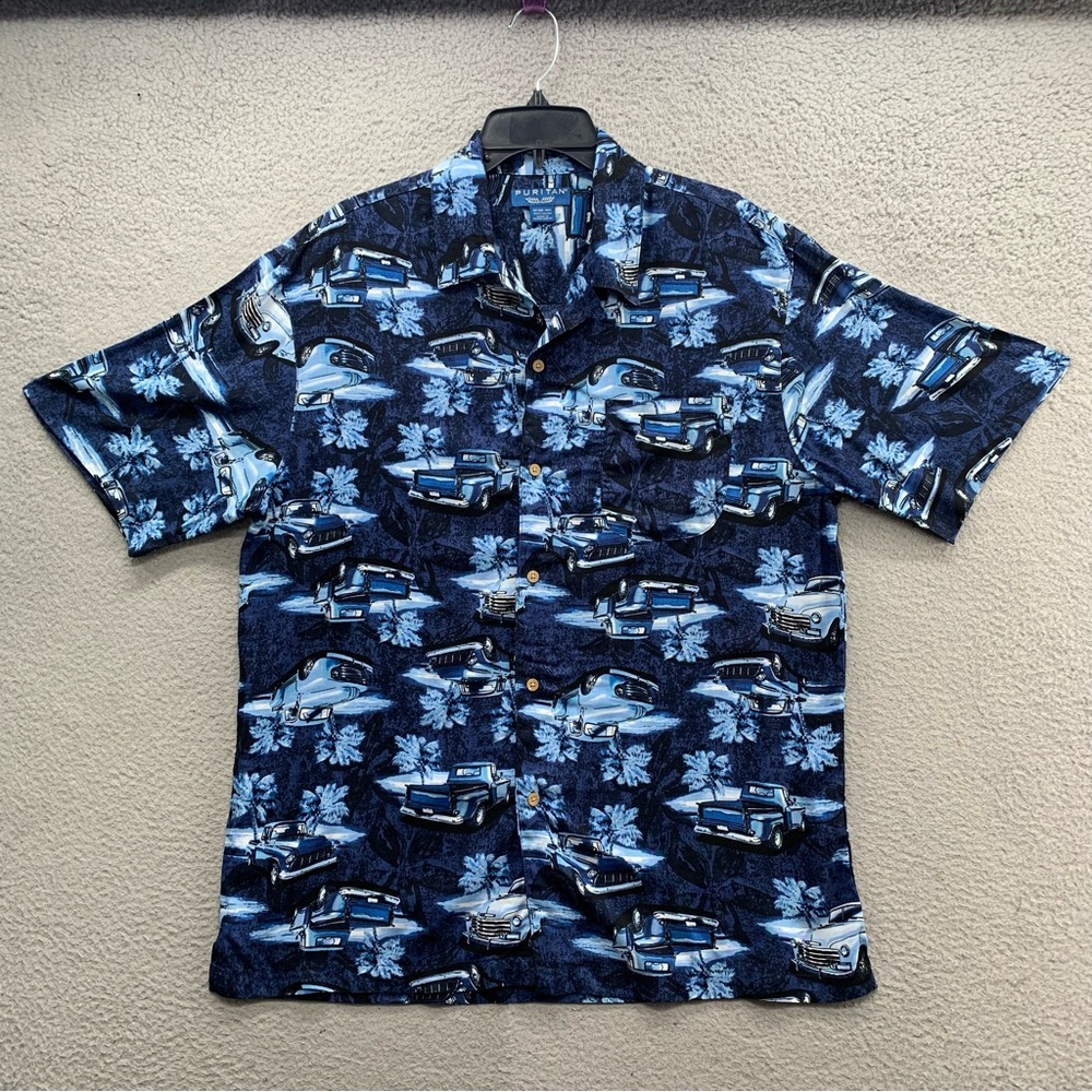 Puritan Button Up Shirt Mens Size M(38-40) Blue Short Sleeve Hawaiian Cars Print